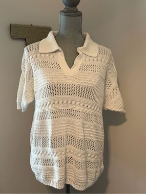 JOIE Crochet Open Knit Short Sleeve Polo Sweater preppy size 1X | White